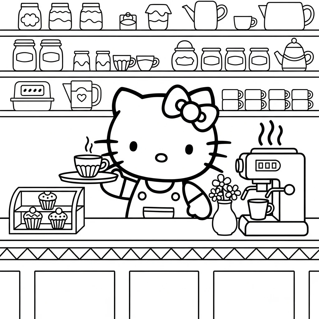 Coloriage Hello Kitty Dans Son Café à Imprimer