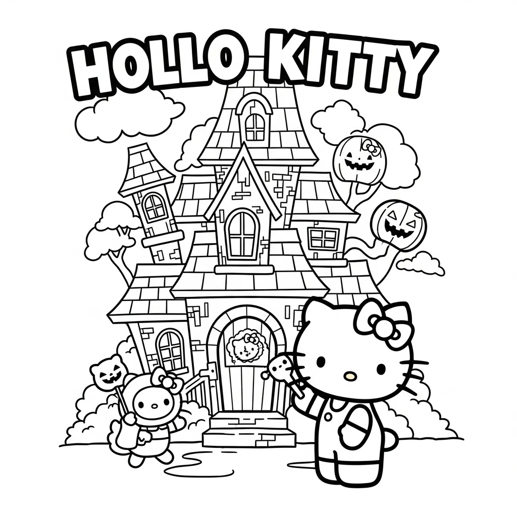 Coloriage Hello Kitty Dans Une Maison Hantée à Imprimer