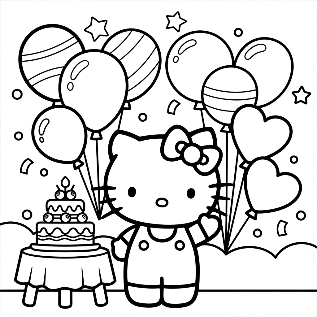 Coloriage Hello Kitty Fête d'Anniversaire à Imprimer