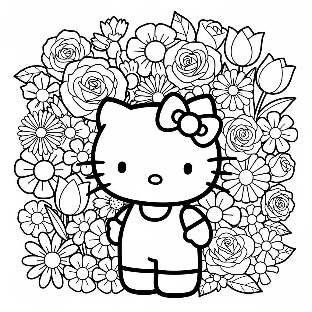 Coloriage Hello Kitty Fleur à Imprimer