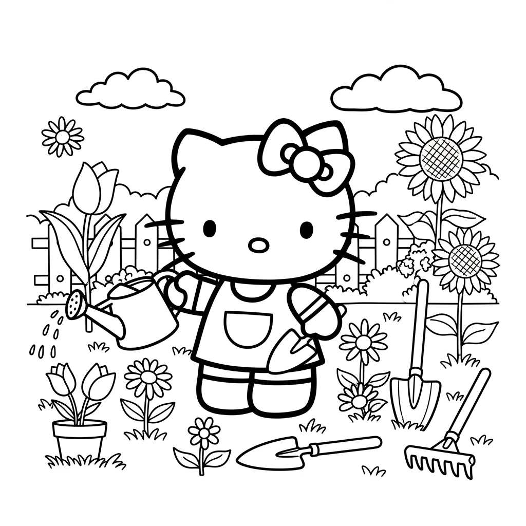 Coloriage Hello Kitty Jardin à Imprimer