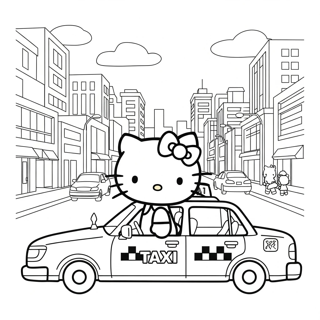 Coloriage Hello Kitty Voyage En Taxi à Imprimer
