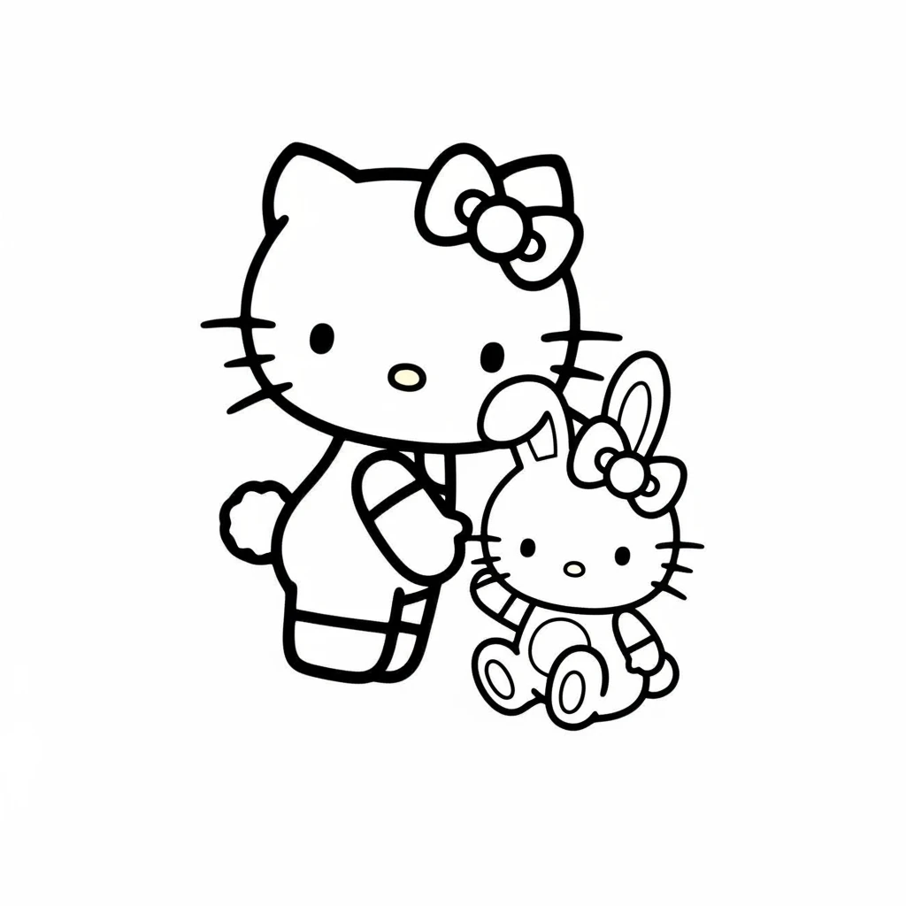 Coloriage Hello Kitty et Bonjour Lapin à Imprimer