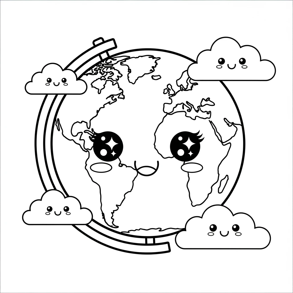 Coloriage Kawaii Globe à Imprimer