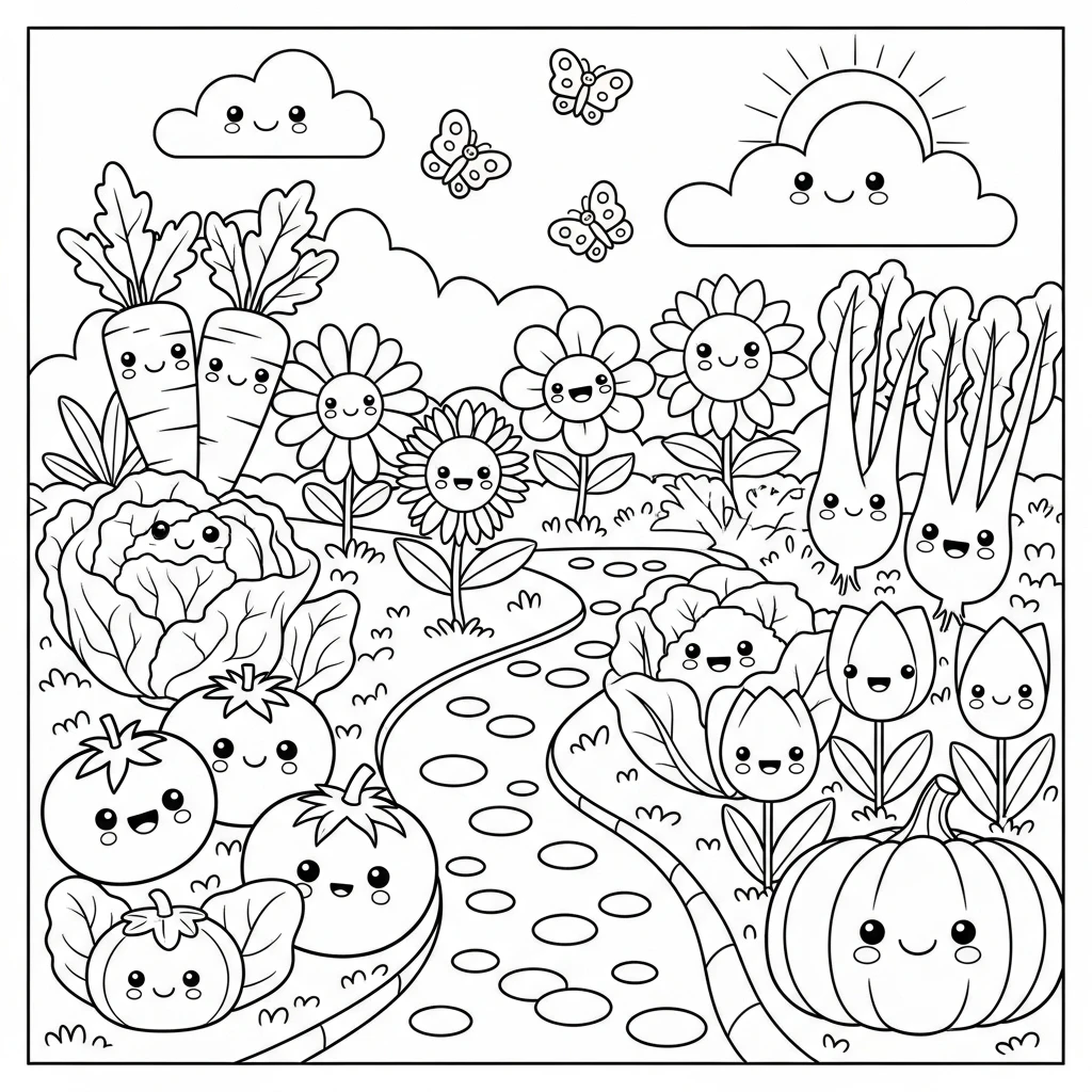 Coloriage Kawaii Jardin à Imprimer