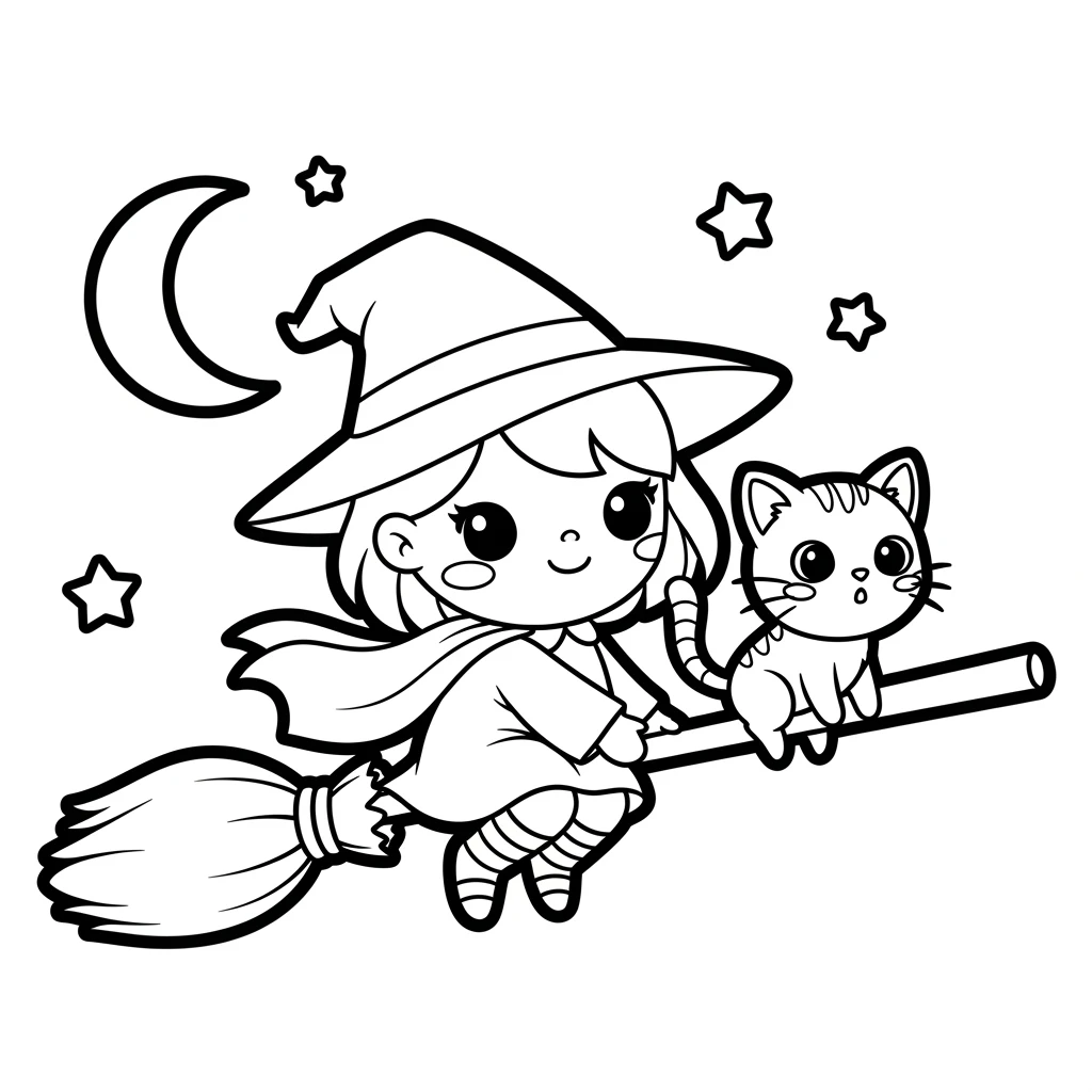 Coloriage Kawaii Sorcière à Imprimer