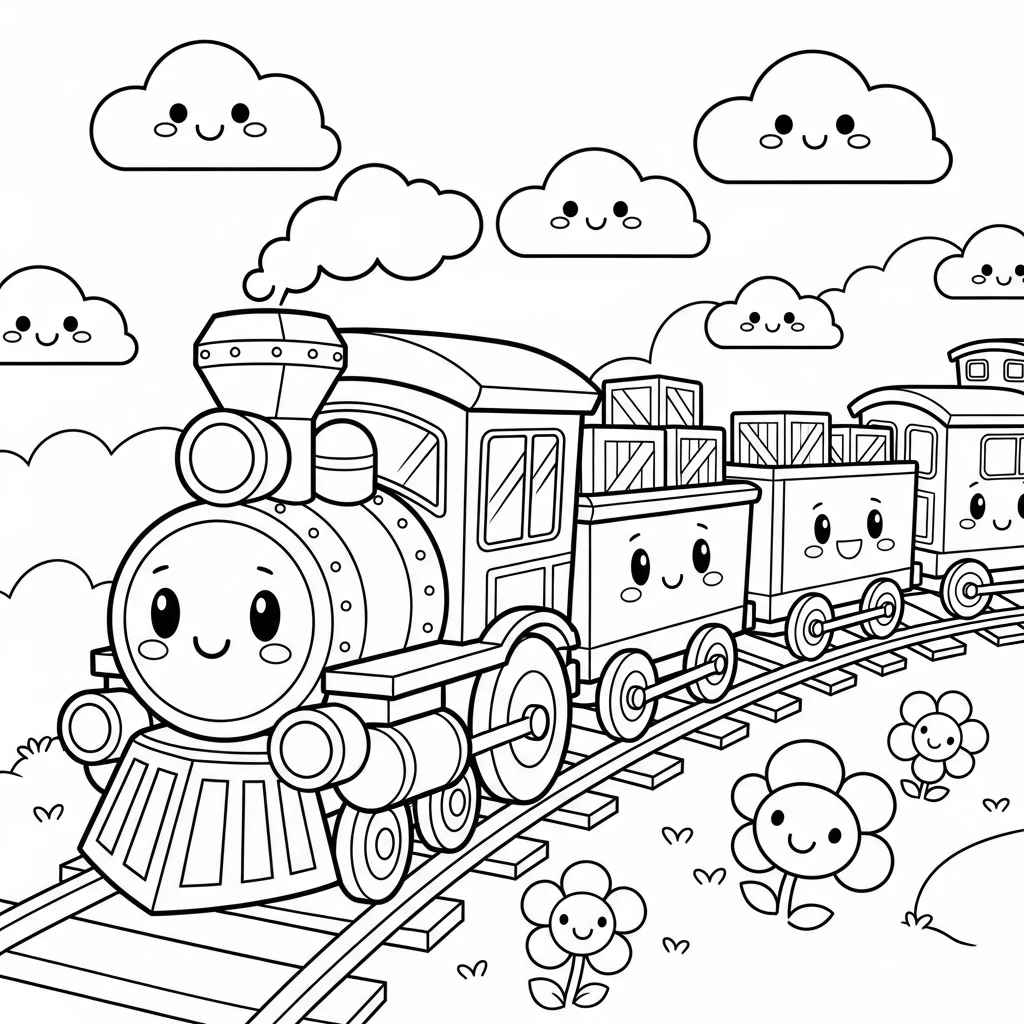 Coloriage Kawaii Train à Imprimer