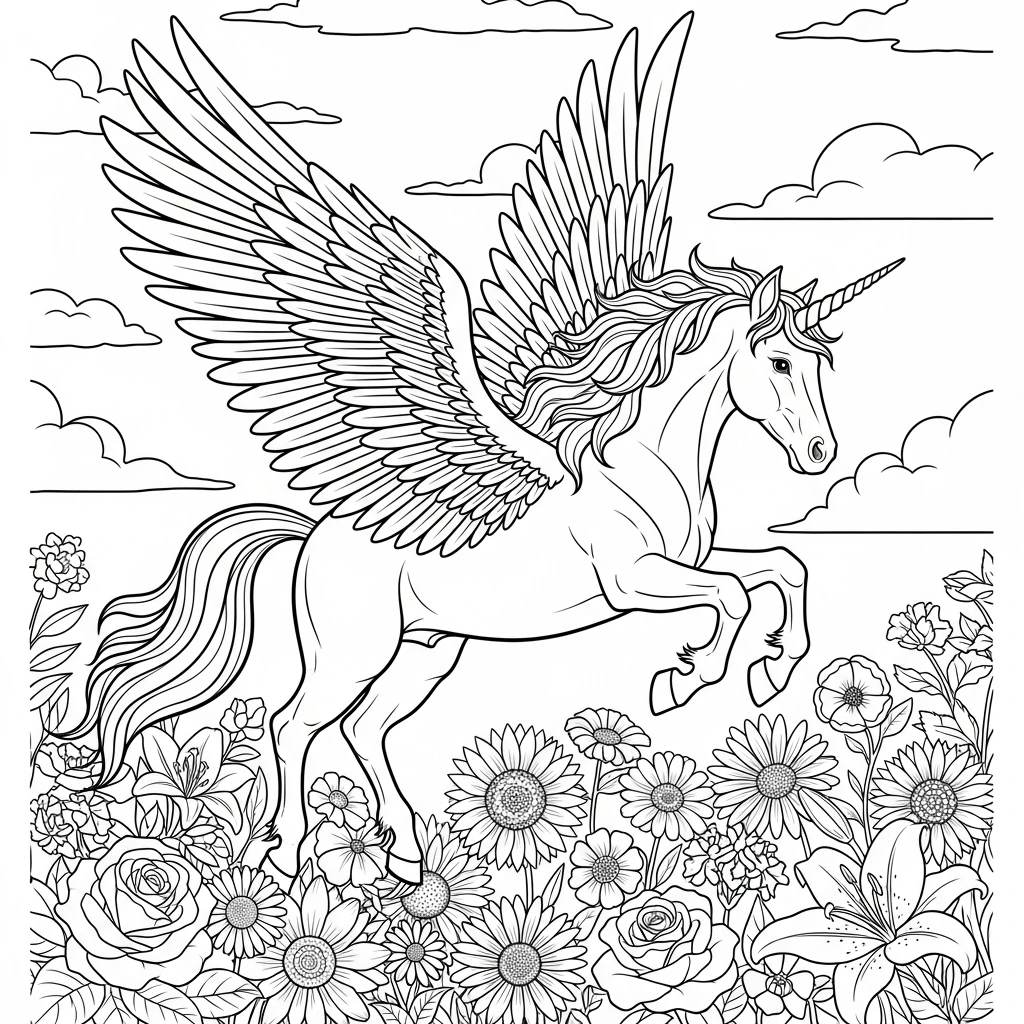 Coloriage Licorne Ailée à Imprimer