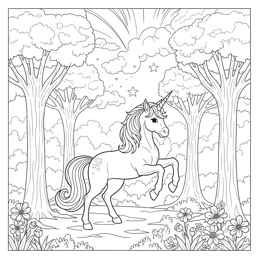 Coloriage Licorne Forêt à Imprimer