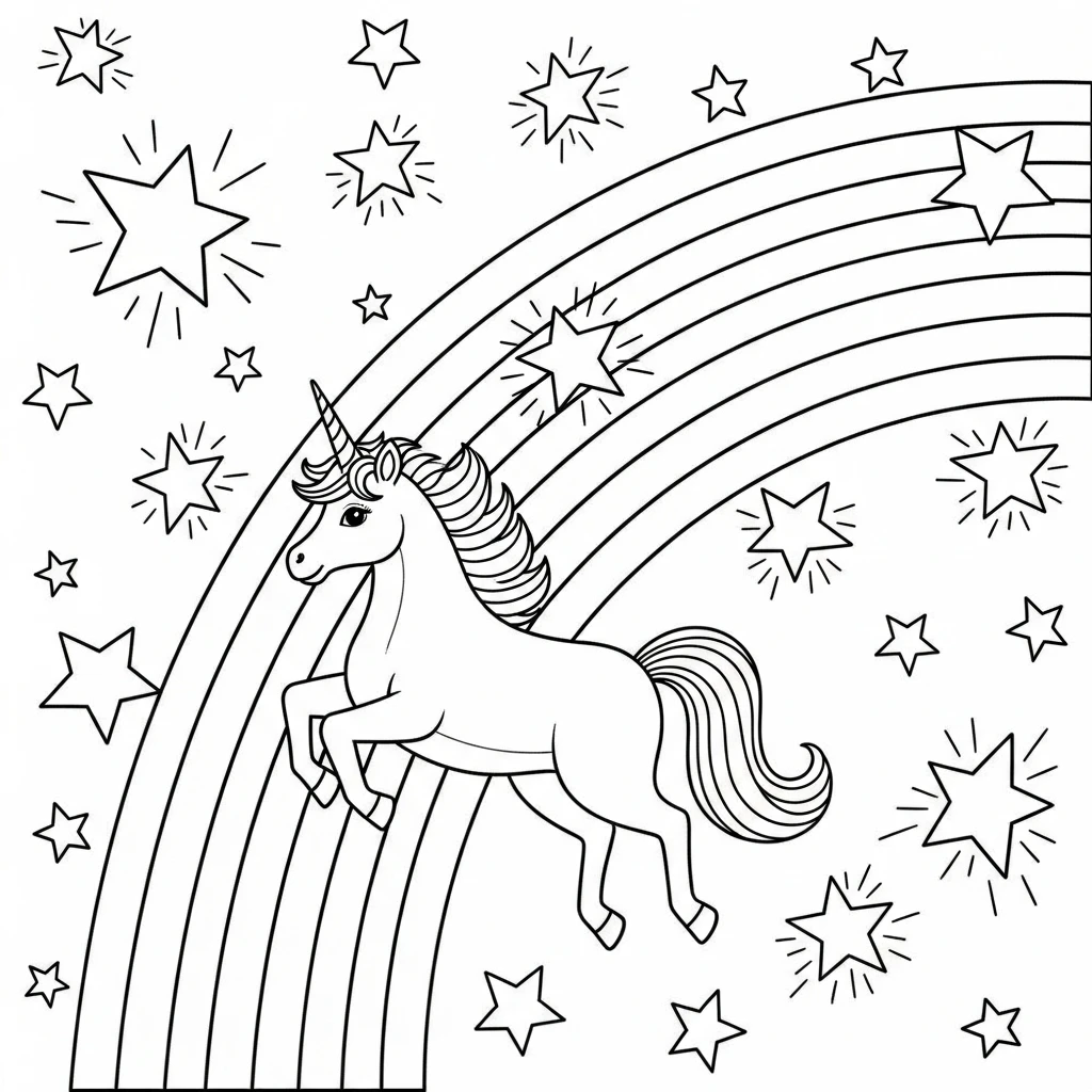 Coloriage Licorne avec Arc-en-ciel et Étoiles à Imprimer