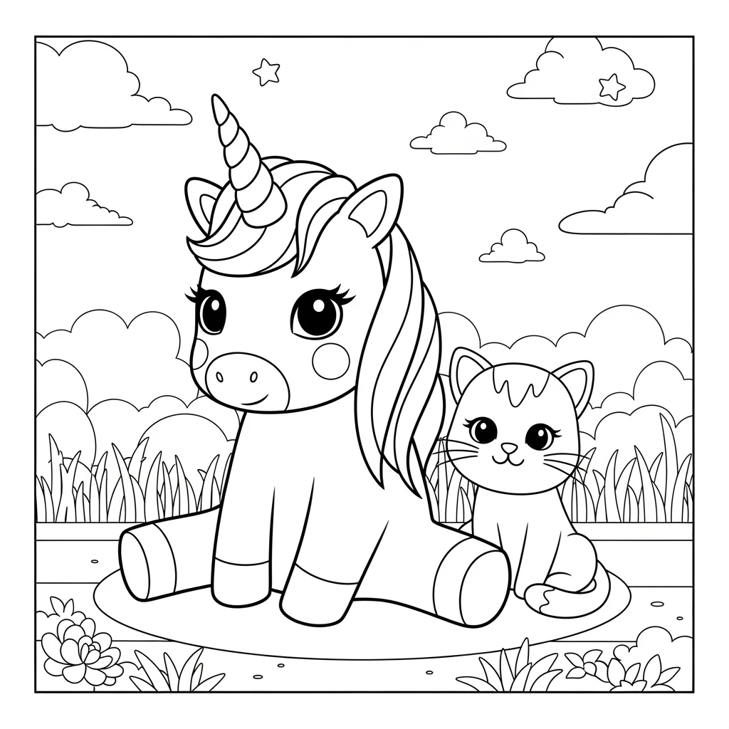 Coloriage Licorne avec Chat à Imprimer