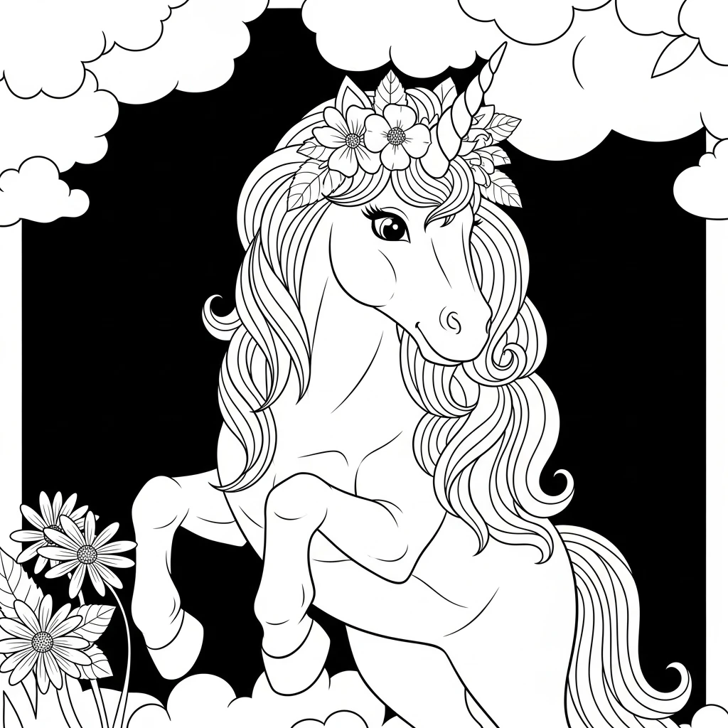 Coloriage Licorne avec une Couronne de Fleurs à Imprimer