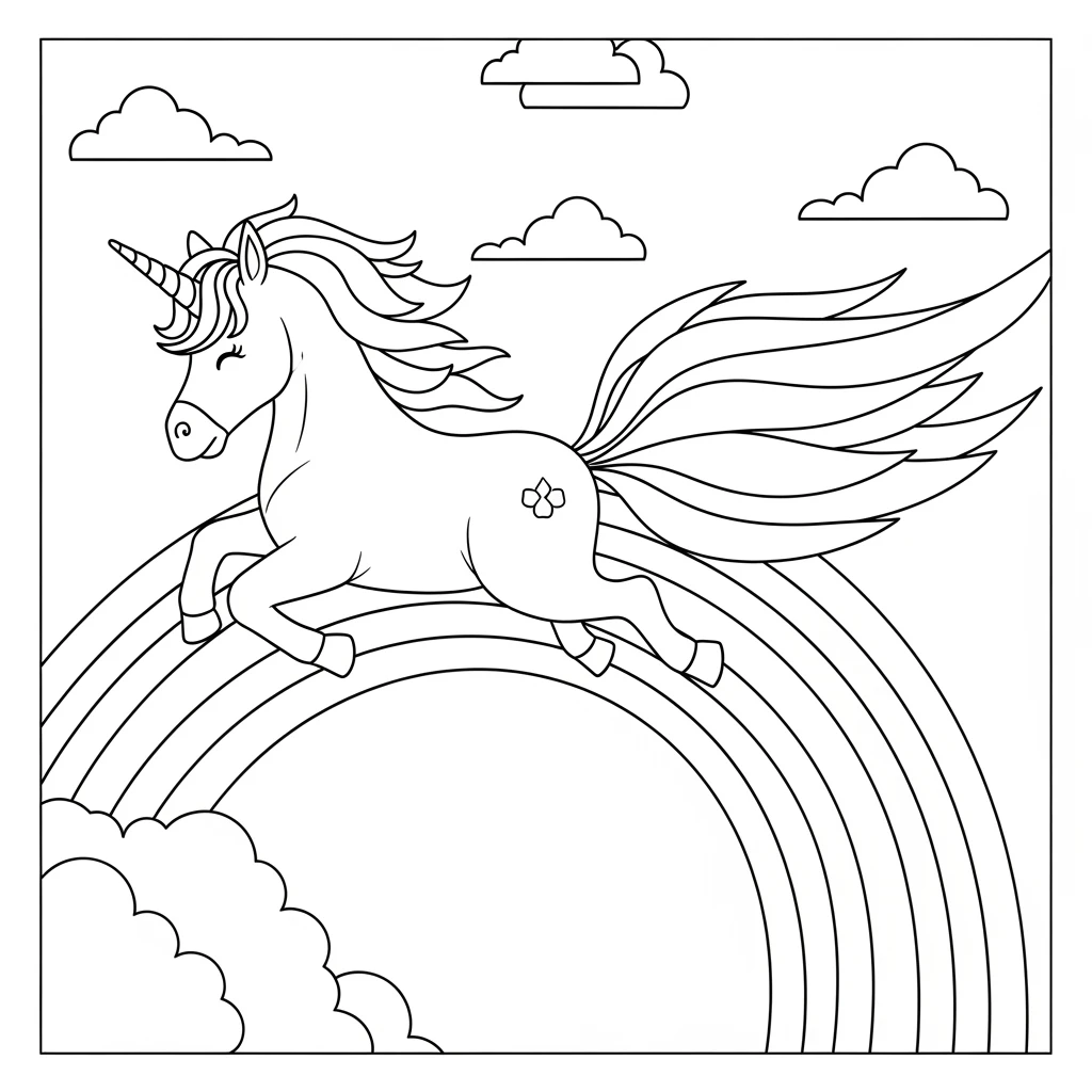 Coloriage Licorne dans un Arc-en-ciel à Imprimer
