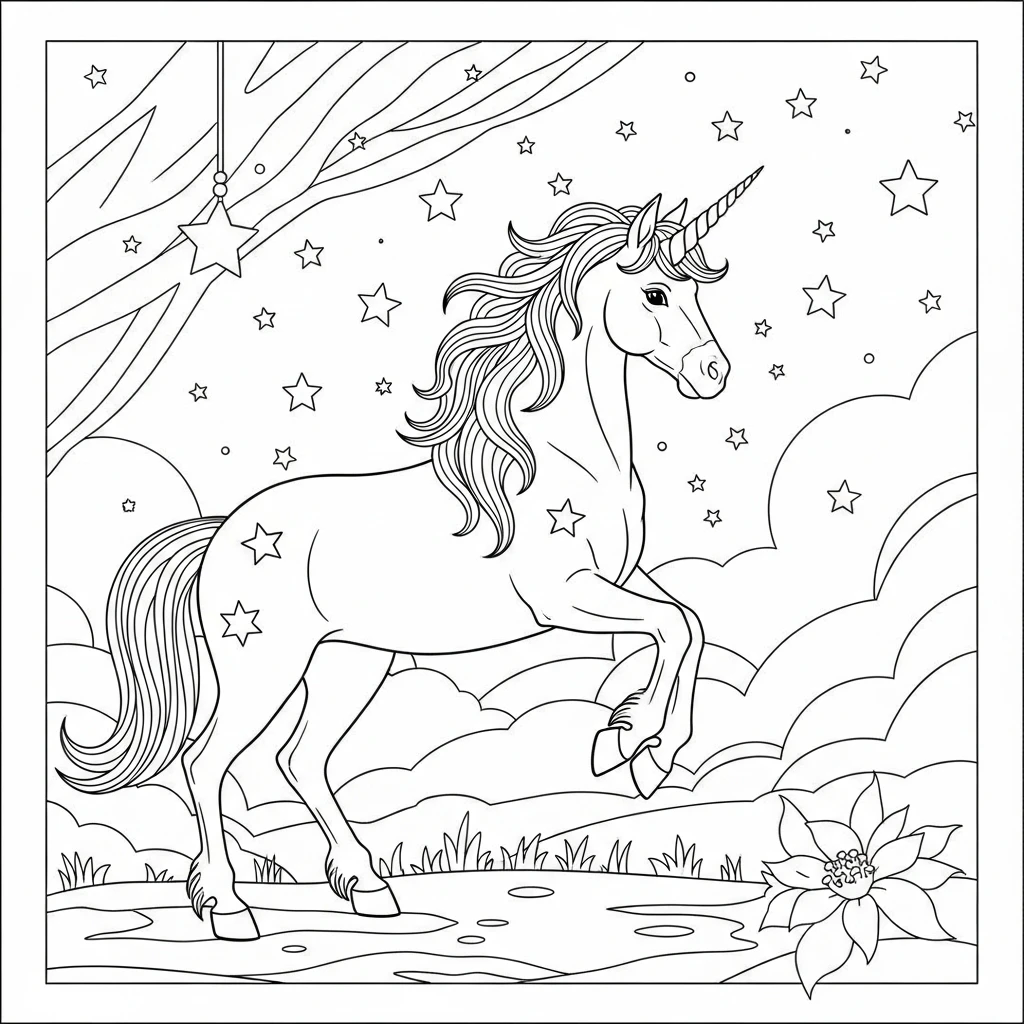 Coloriage Licorne dans une Nuit Étoilée à Imprimer