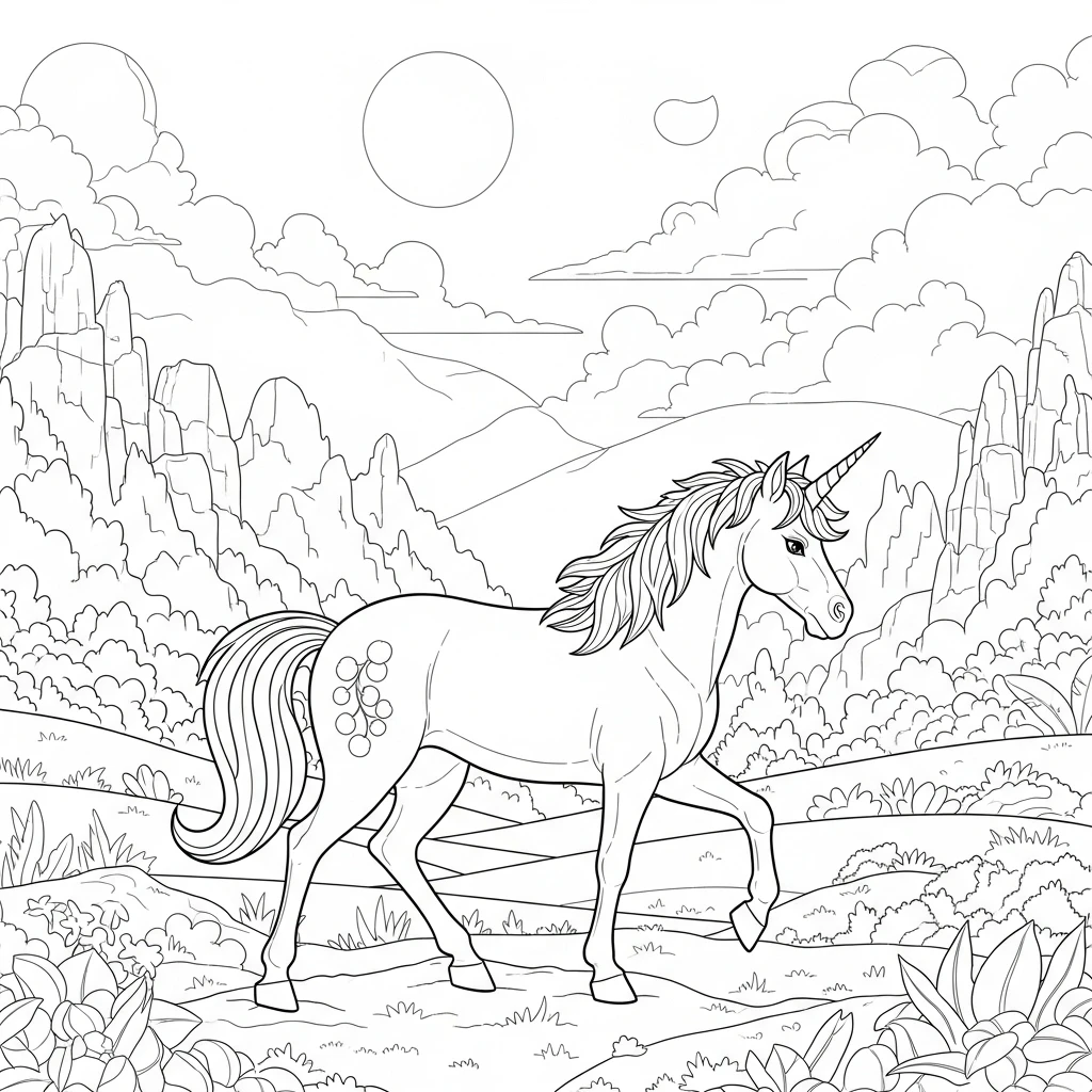 Coloriage Licorne en Balade à Imprimer