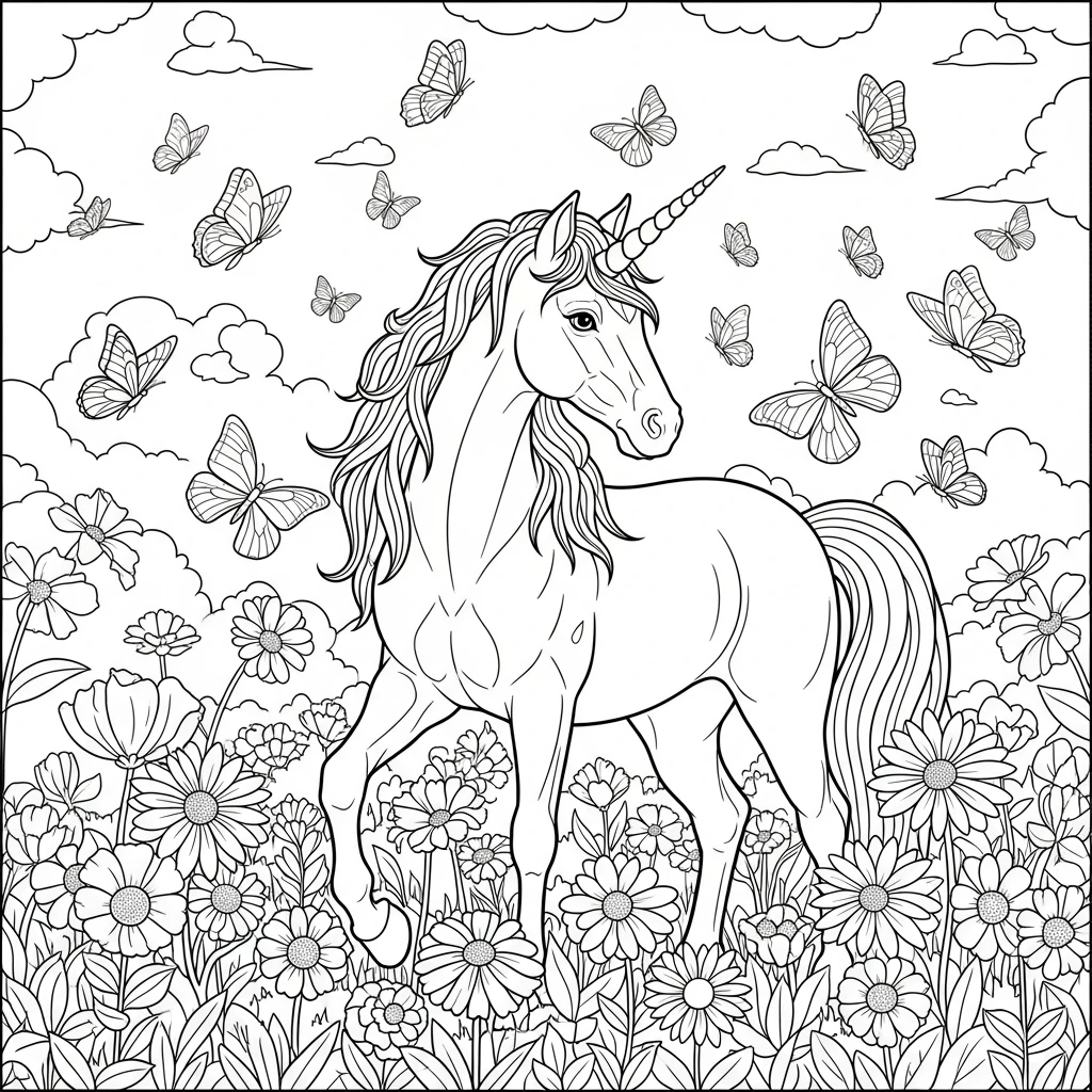 Coloriage Licorne et Papillons à Imprimer