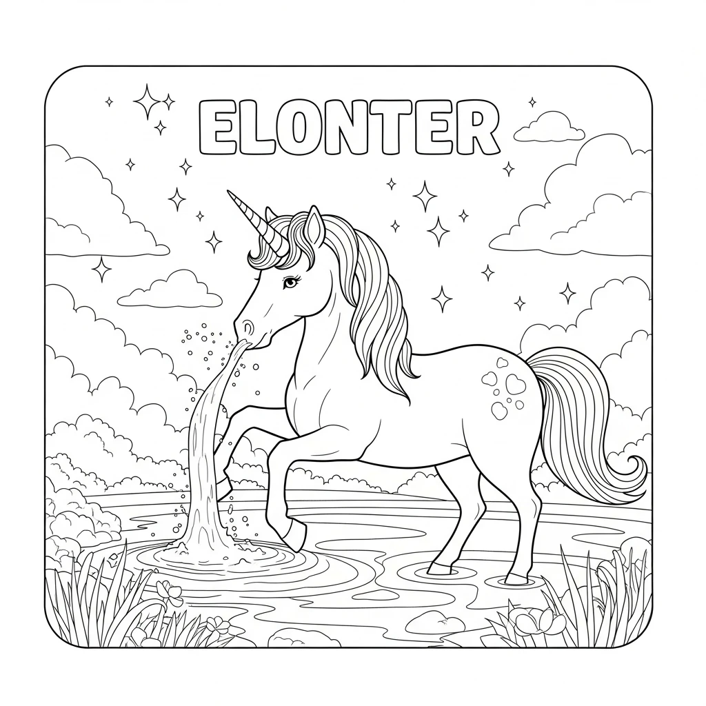 Coloriage Licorne près d'un Lac à Imprimer