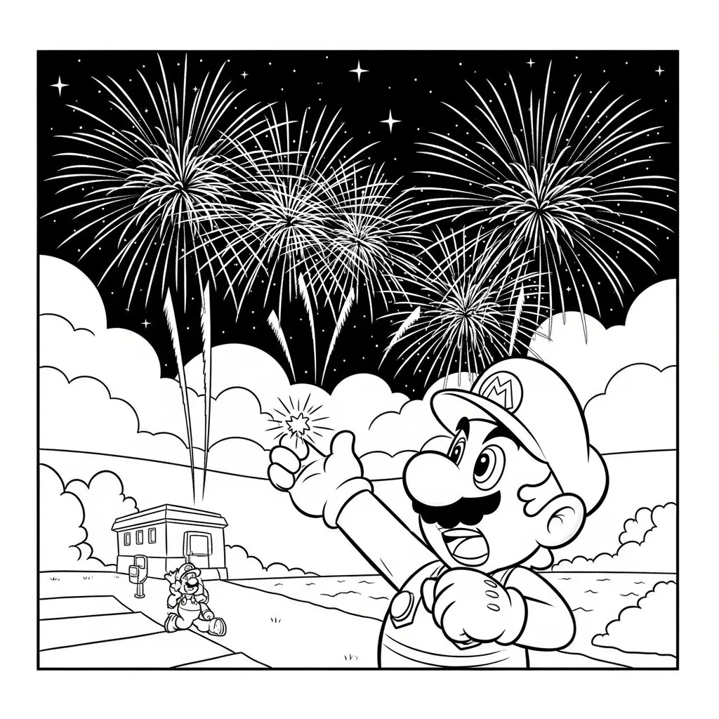 Coloriage Mario Observer un Feu d'Artifice à Imprimer