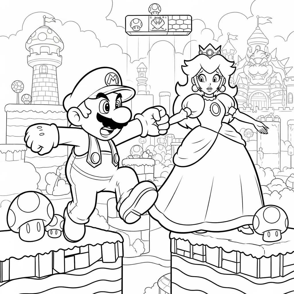 Coloriage Mario Sauvant Peach à Imprimer