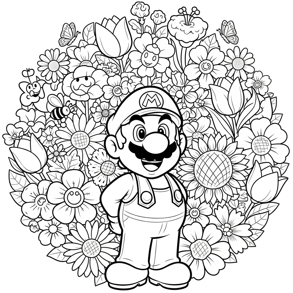Coloriage Mario avec des Fleurs à Imprimer