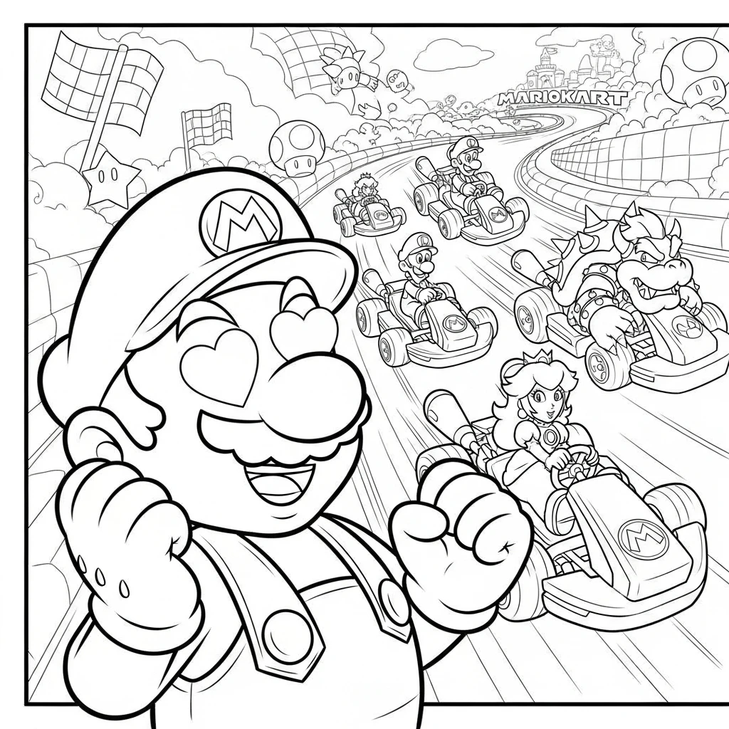 Coloriage Mario avec des Yeux en Cœur à Imprimer