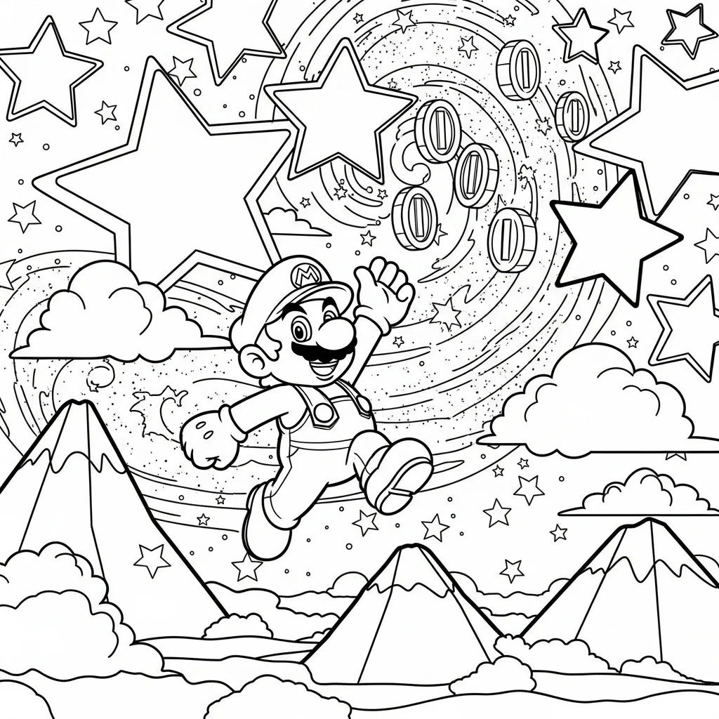 Coloriage Mario dans le Monde des Étoiles à Imprimer