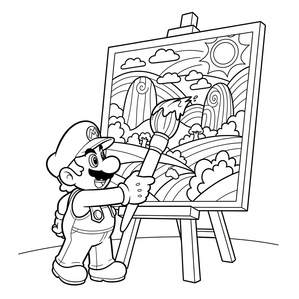 Coloriage Mario et la Palette de Peinture à Imprimer