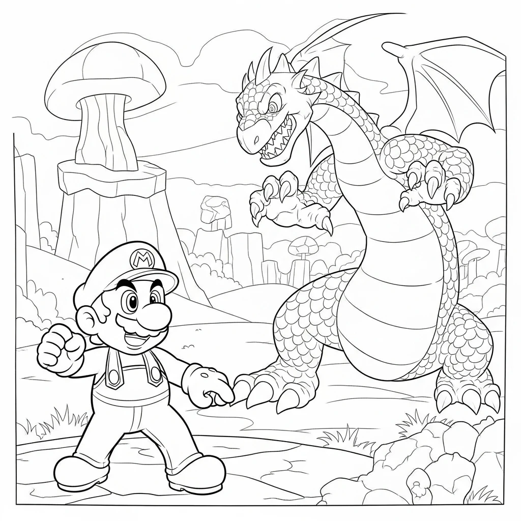 Coloriage Mario et le Dragon à Imprimer