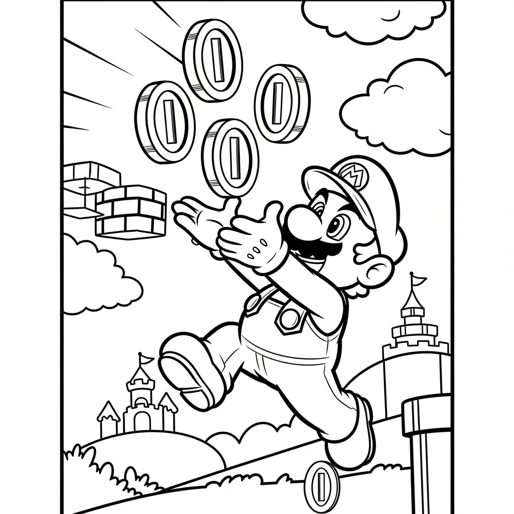 Coloriage Mario et les Pièces à Imprimer