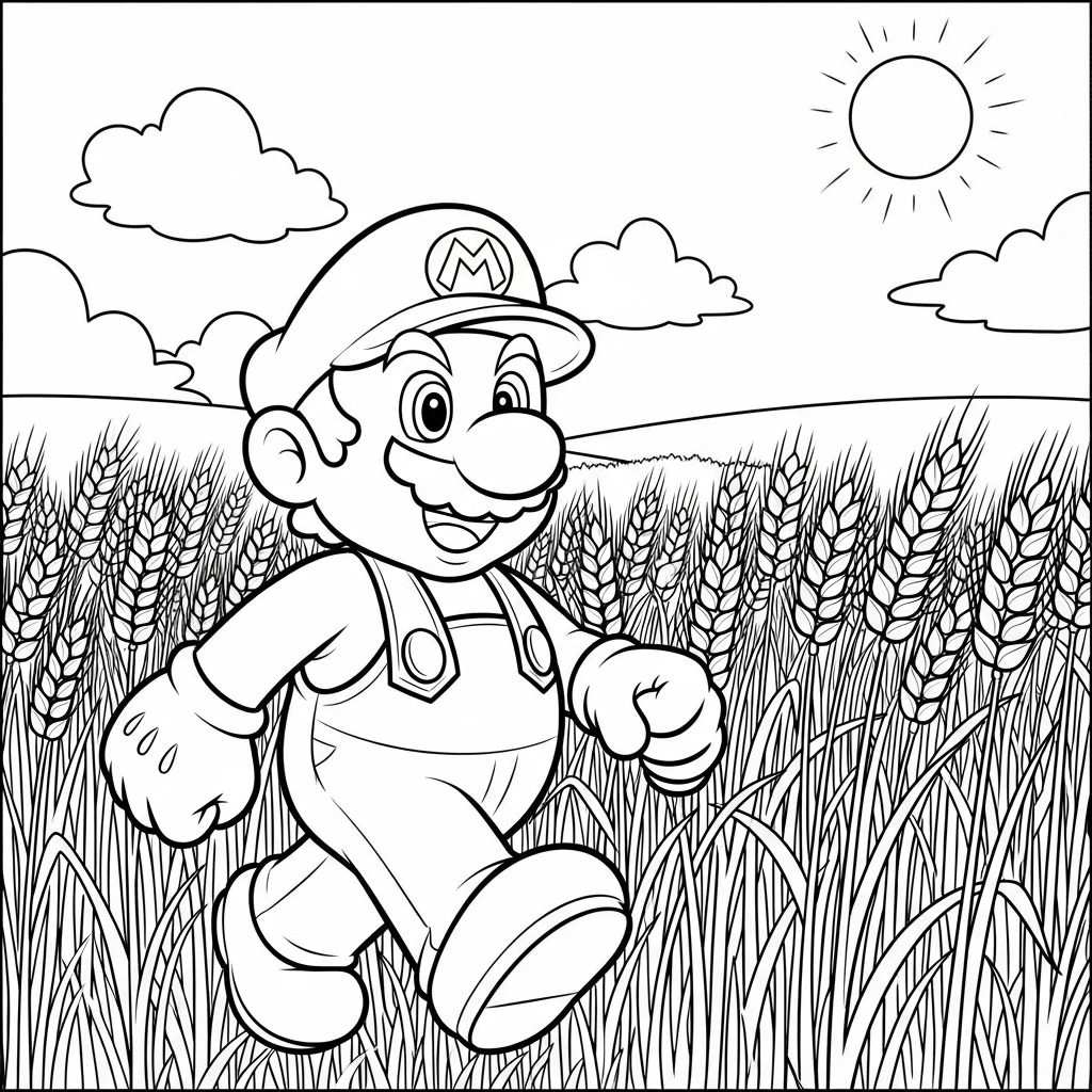 Coloriage Mario sur le Champ de Blé à Imprimer