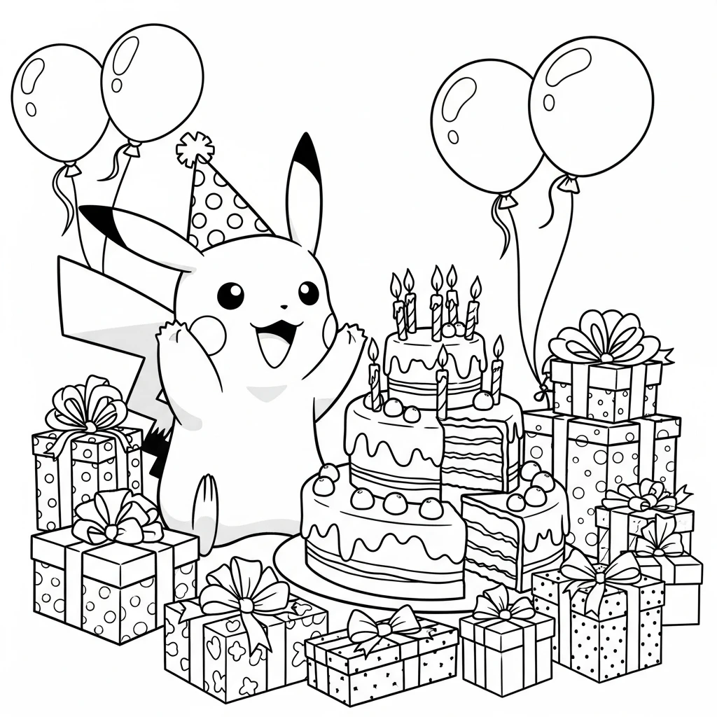 Coloriage Pokémon Pikachu Fête d'Anniversaire à Imprimer