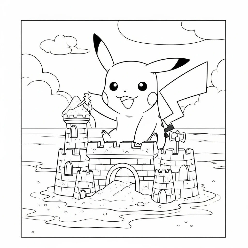 Coloriage Pokémon Pikachu à la Plage à Imprimer
