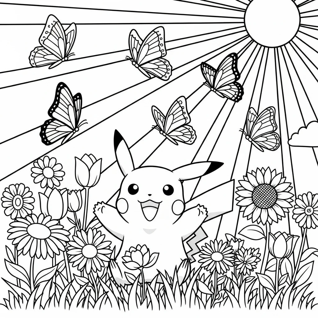 Coloriage Pokémon Pikachu au Printemps à Imprimer