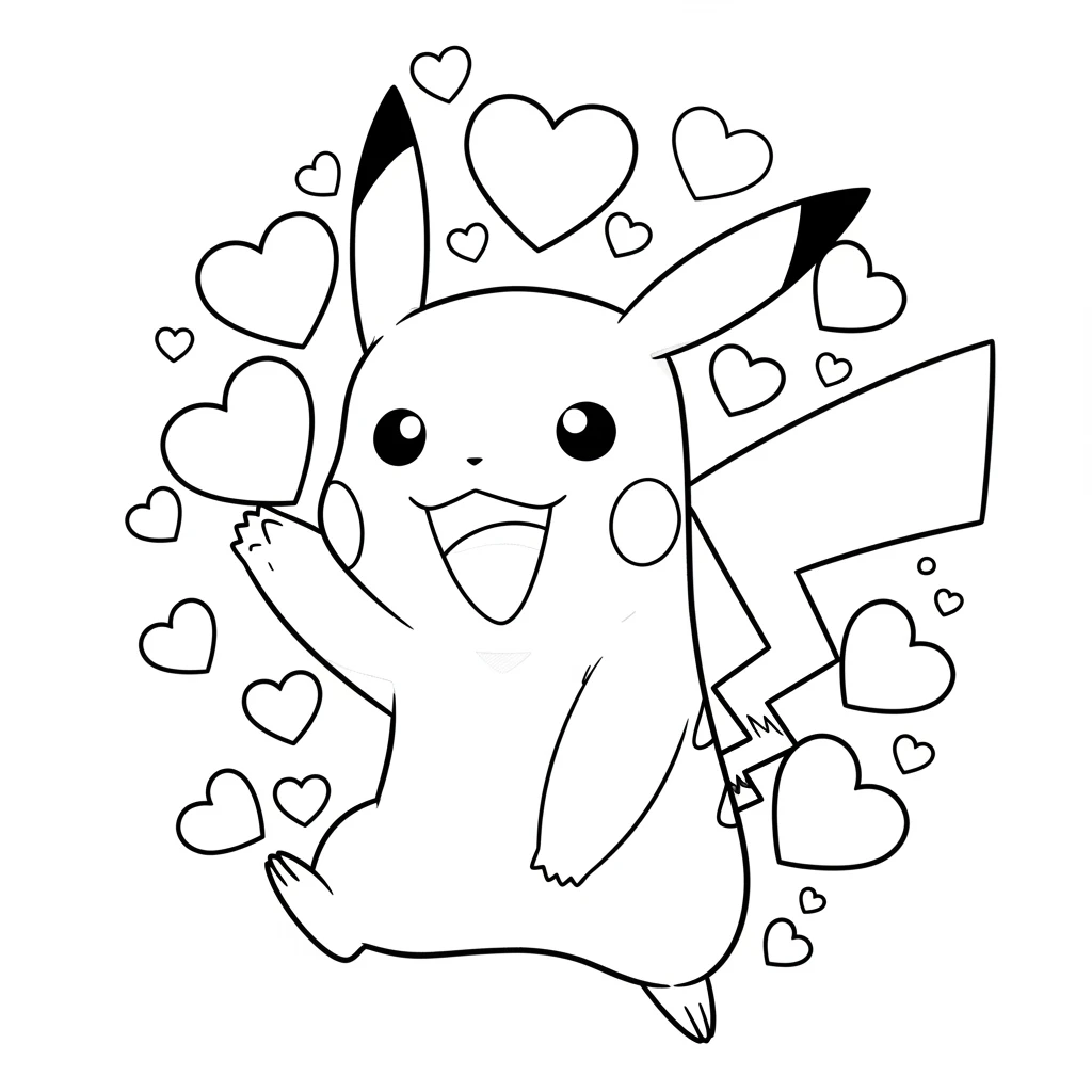 Coloriage Pokémon Pikachu avec Cœur à Imprimer