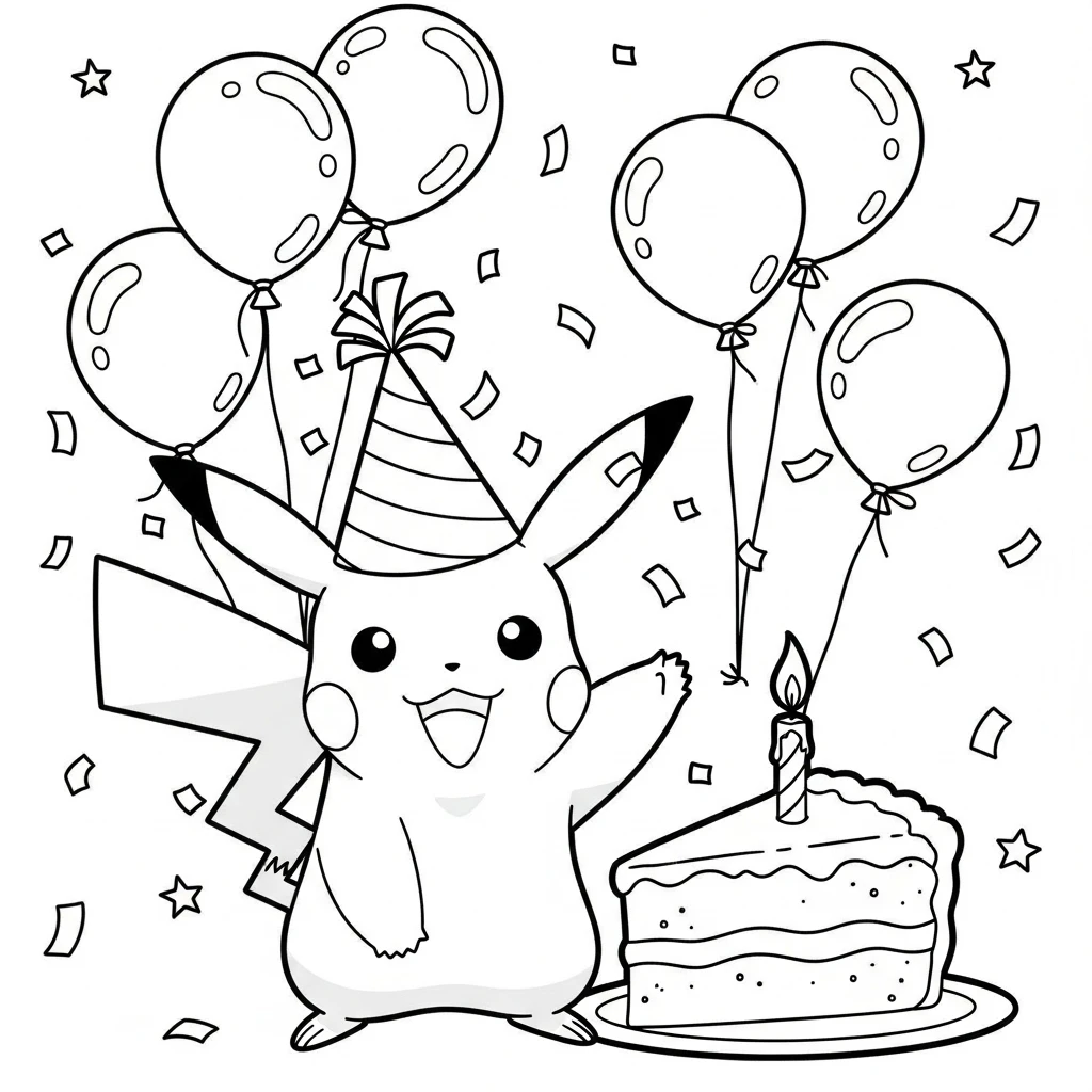 Coloriage Pokémon Pikachu en Fête à Imprimer