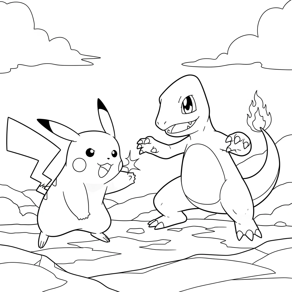 Coloriage Pokémon Pikachu et Charmeleon à Imprimer
