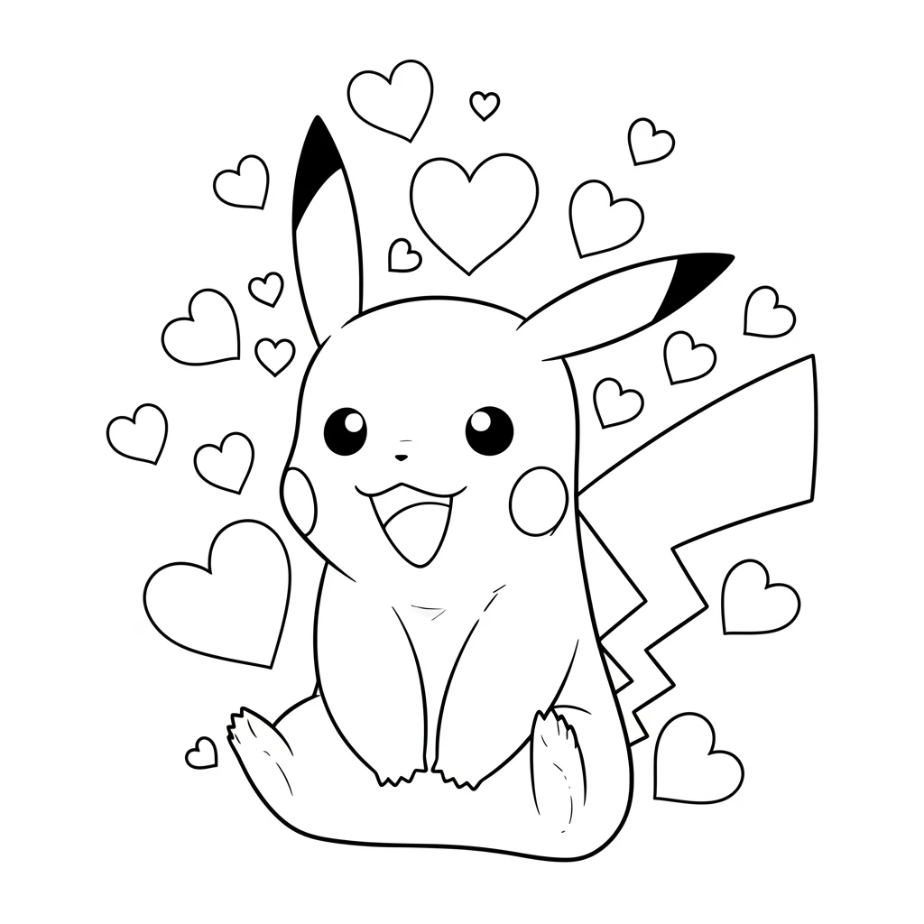 Coloriage Pokémon Pikachu et Coeur à Imprimer