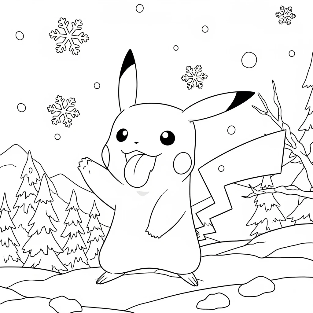 Coloriage Pokémon Pikachu et Flocon de Neige à Imprimer