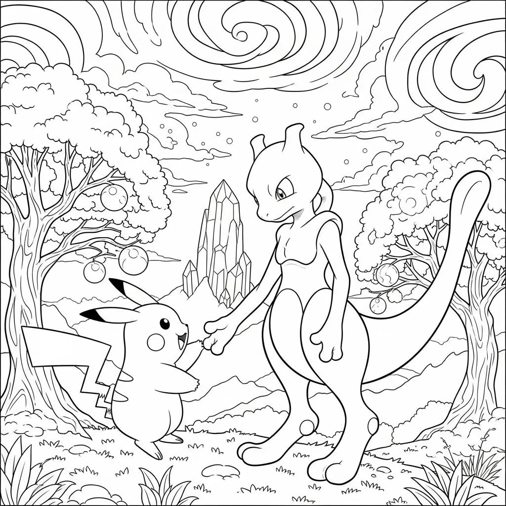 Coloriage Pokémon Pikachu et Mewtwo à Imprimer