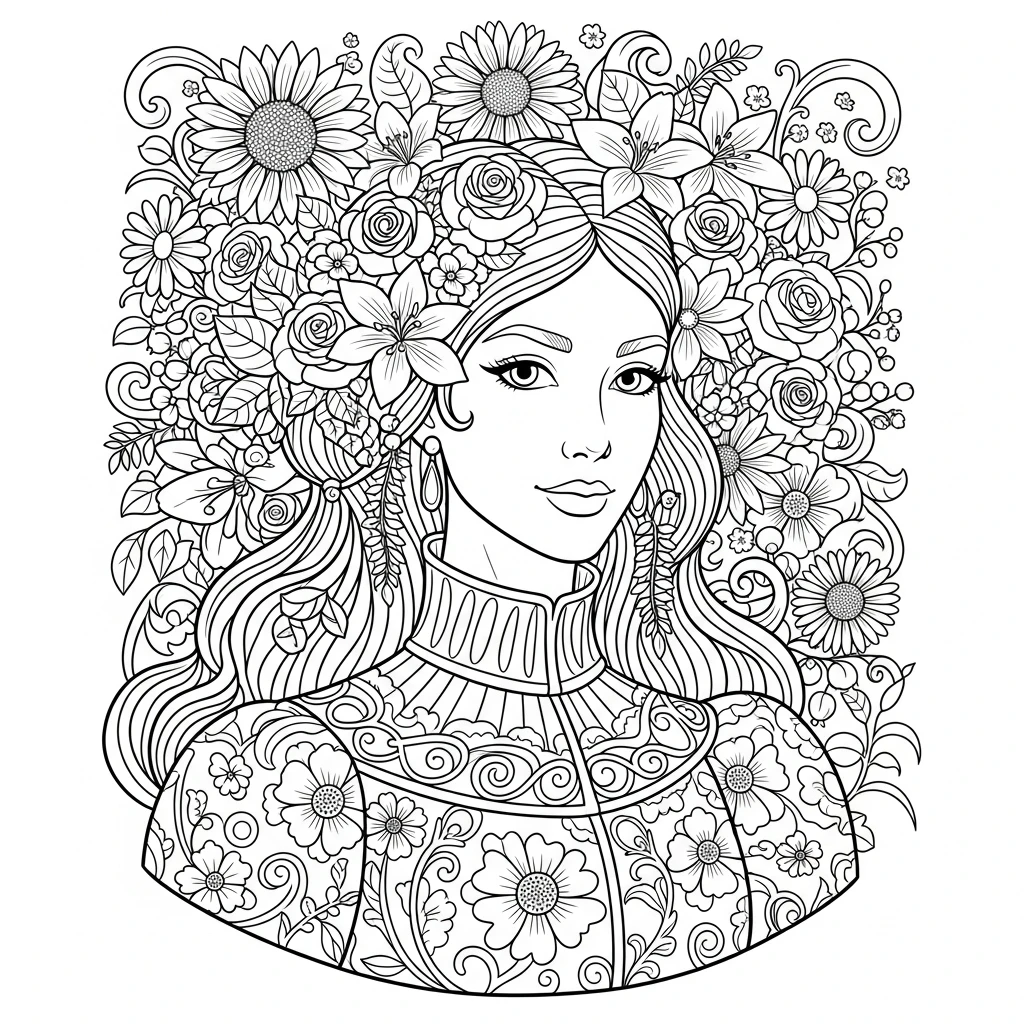 Coloriage Princesse avec Détails Floraux à Imprimer