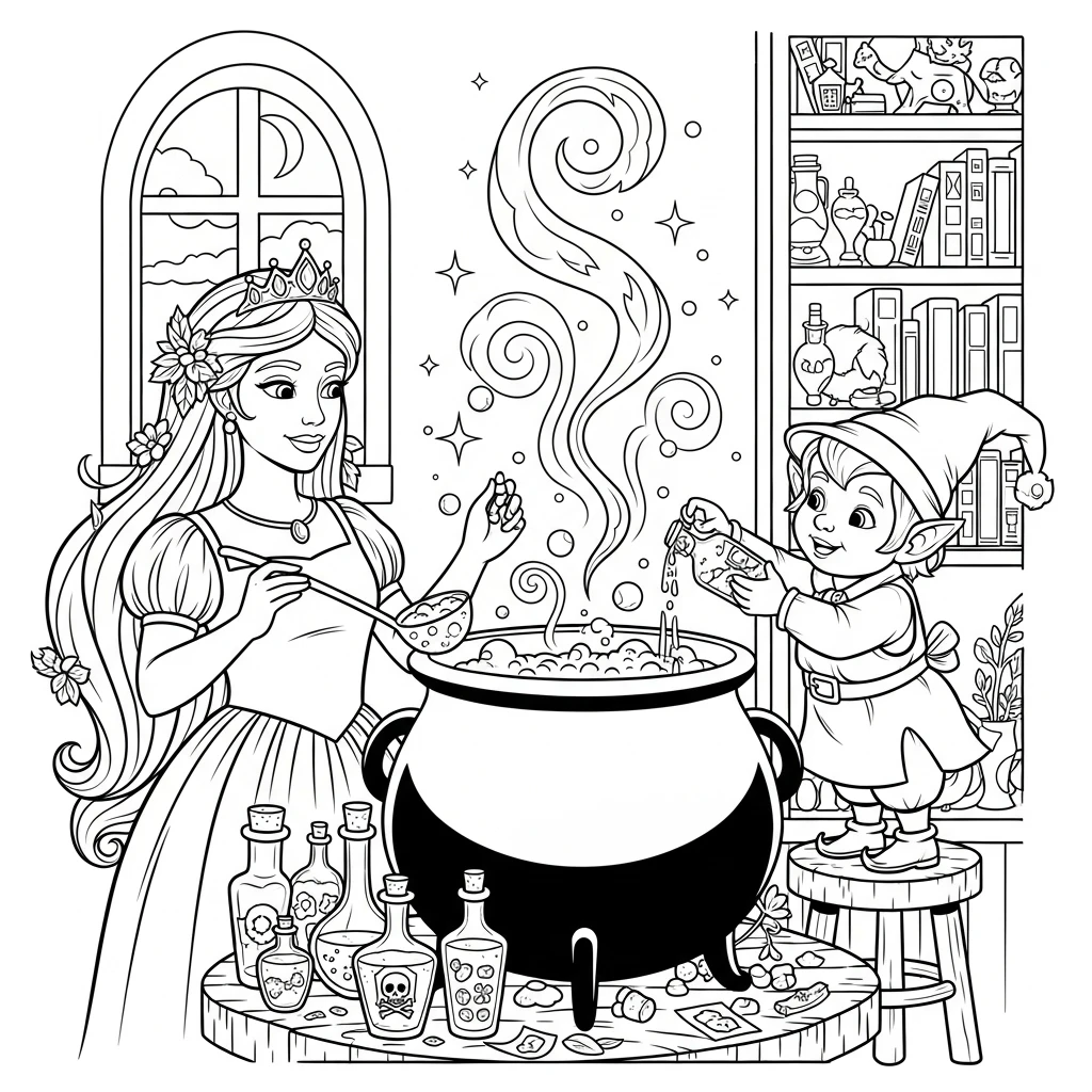 Coloriage Princesse avec Son Aide à Imprimer