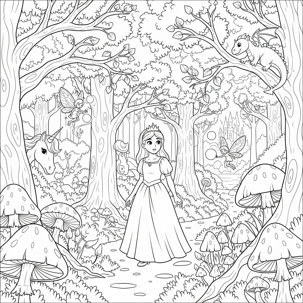 Coloriage Princesse dans la Forêt à Imprimer