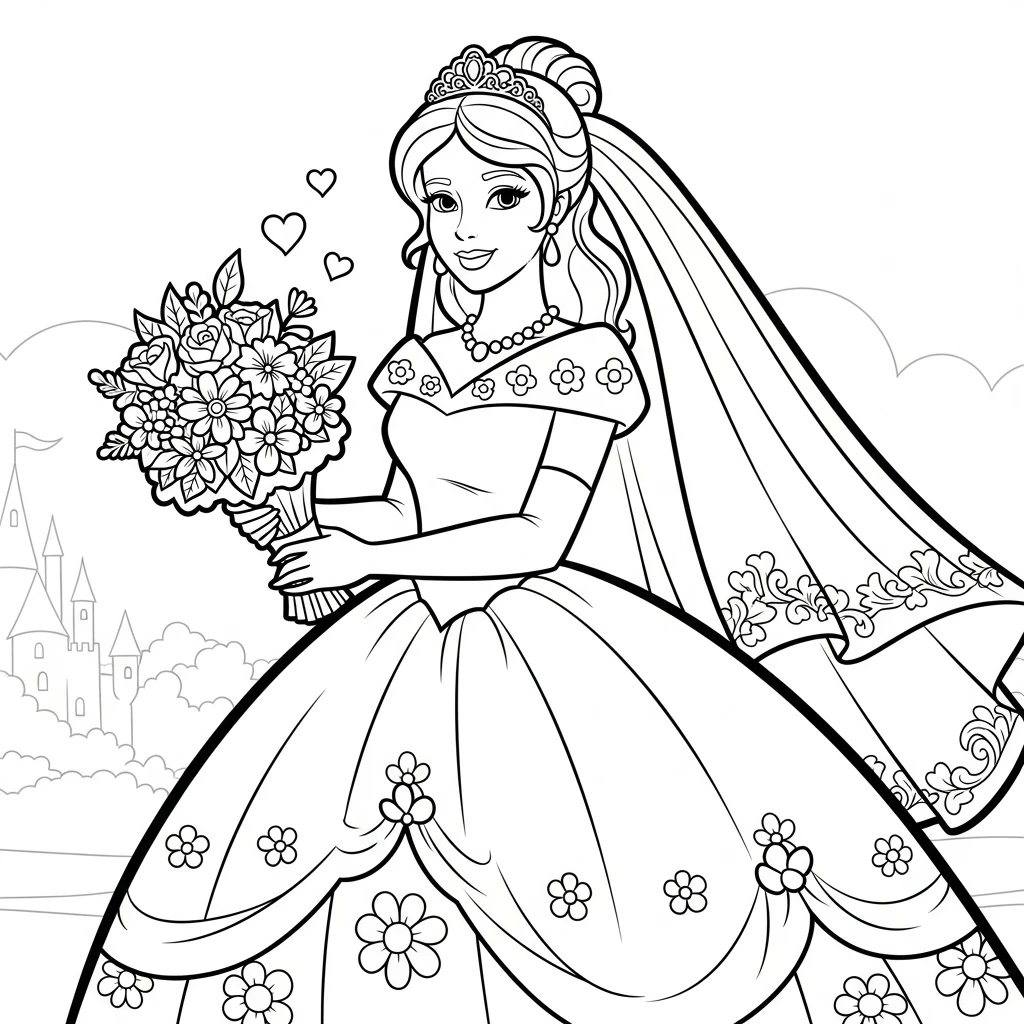 Coloriage Princesse en Robe de Mariée à Imprimer