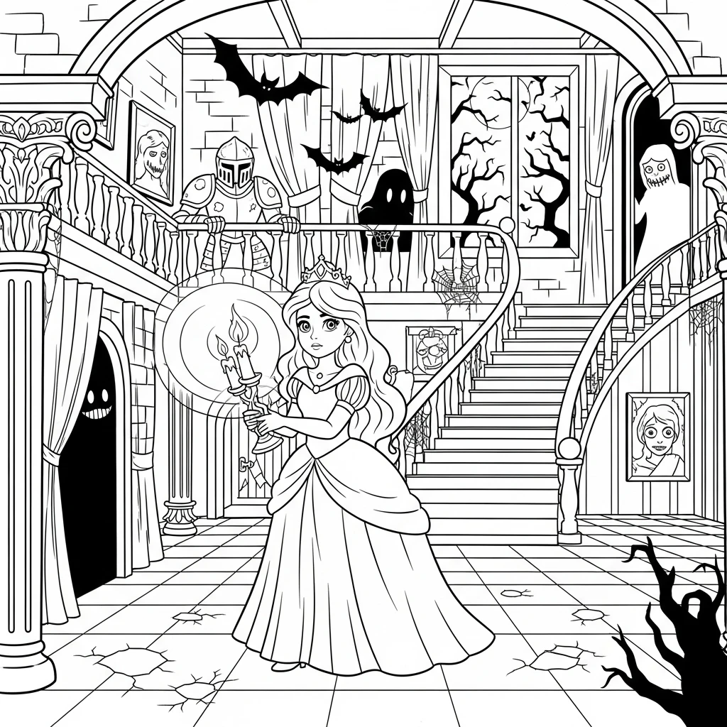 Coloriage Princesse et Château Hanté à Imprimer