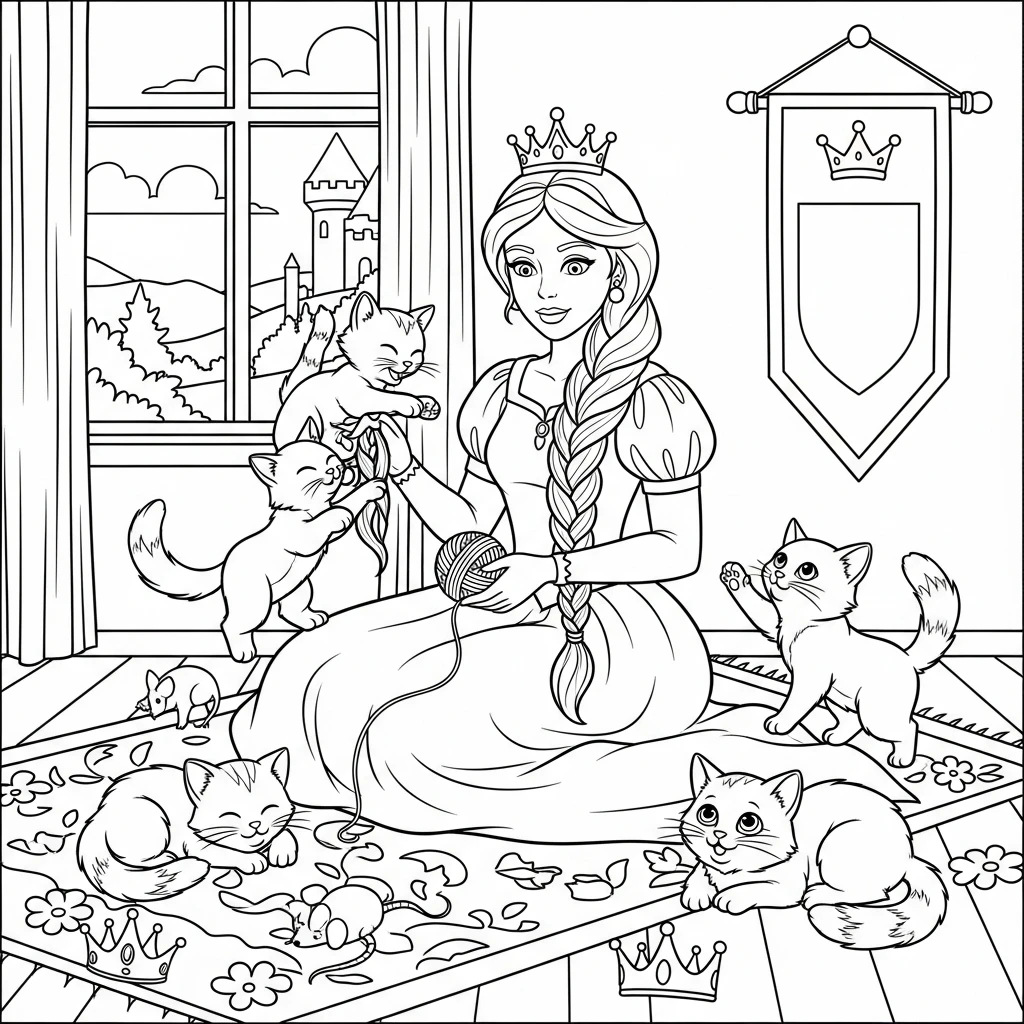 Coloriage Princesse et Chatons à Imprimer