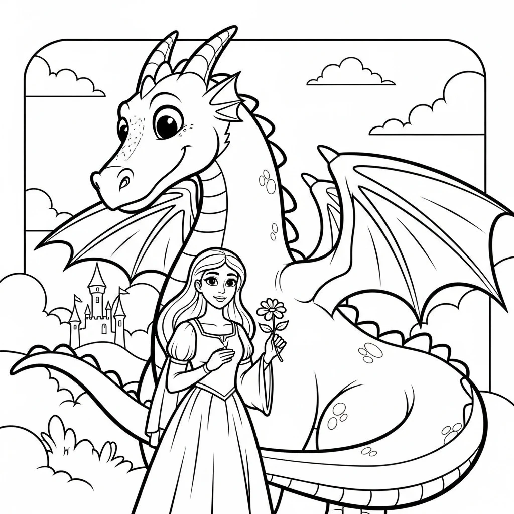 Coloriage Princesse et Dragon à Imprimer