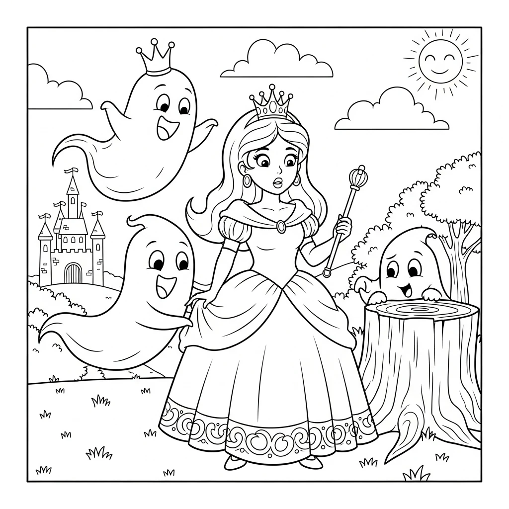 Coloriage Princesse et Fantômes Amusants à Imprimer