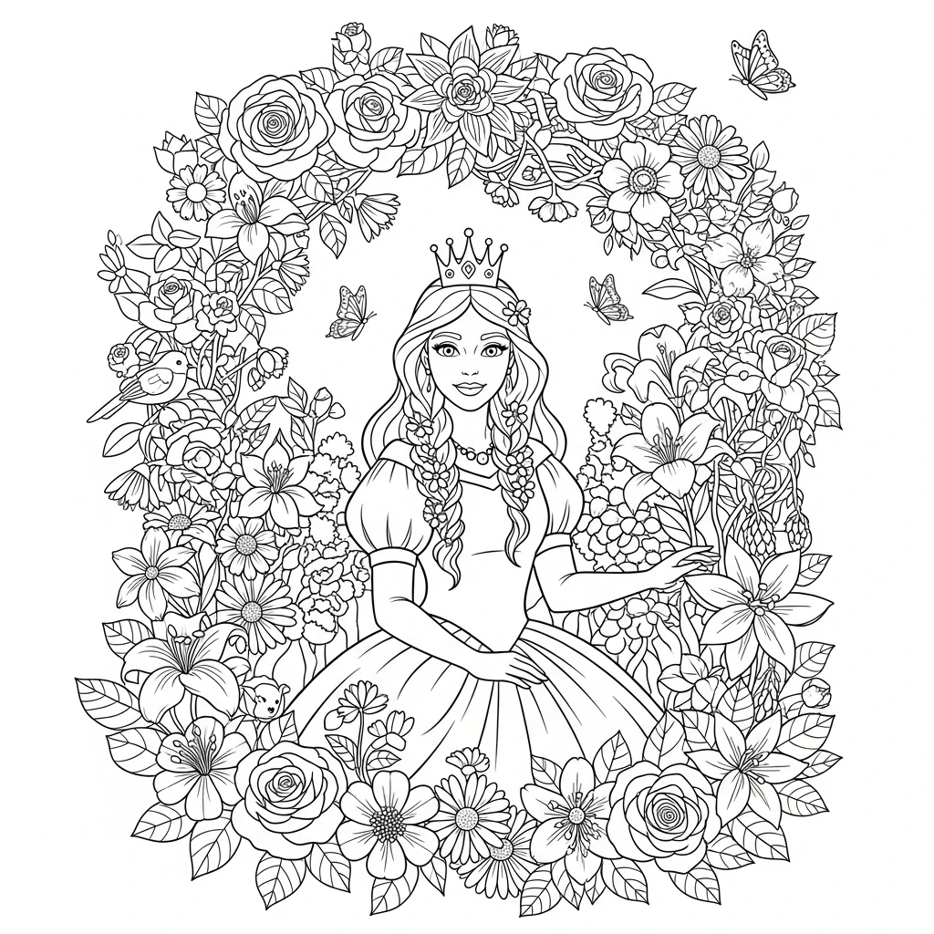 Coloriage Princesse et Fleurs à Imprimer