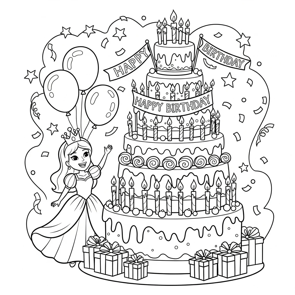 Coloriage Princesse et Gâteau d'Anniversaire à Imprimer