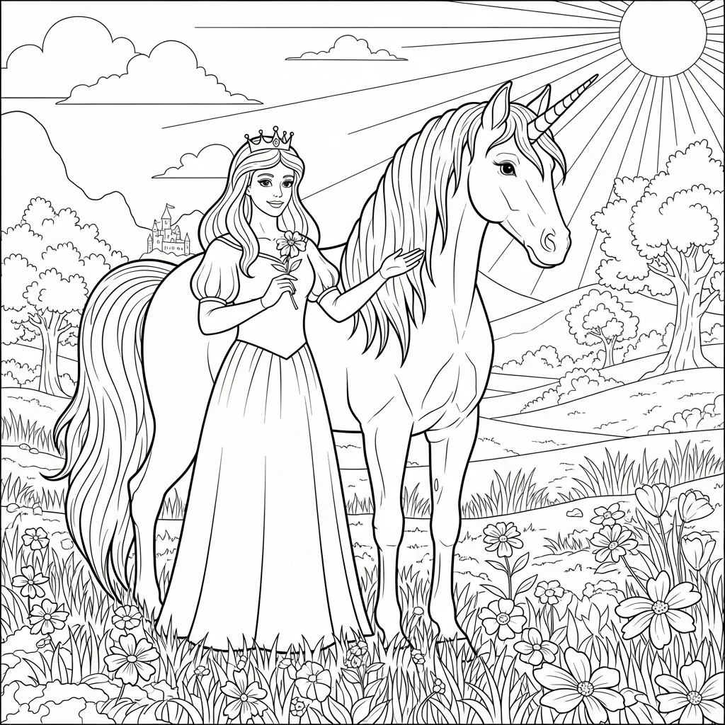 Coloriage Princesse et Licorne à Imprimer